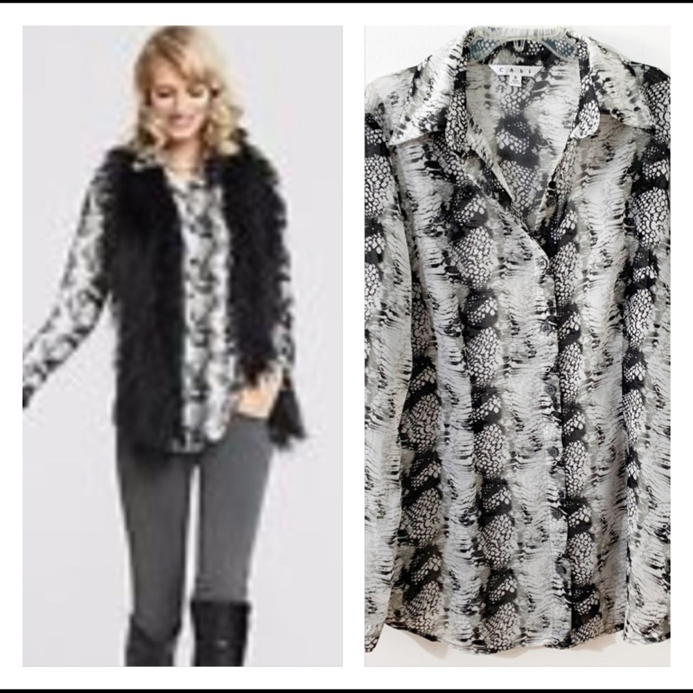 Cabi Button Down Semi Sheer Long Sleeve Snakeskin Print Blouse Pointed Collar